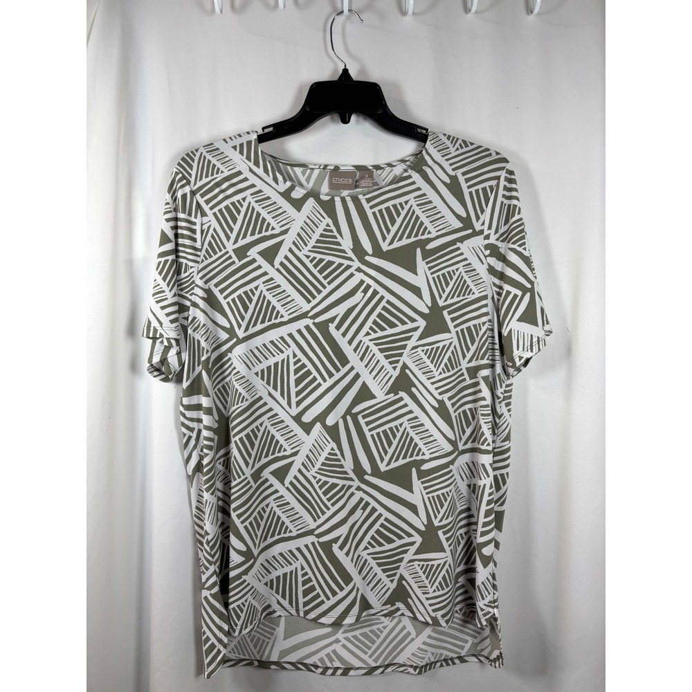 Chicos Olive Green White Geometric Abstract Print Short Sleeve Top Size 3 XL NWT